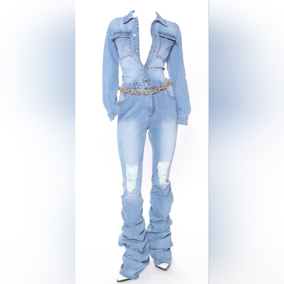 Fashion Nova Blue Denim Jumpsuit L Tall - Picture 1 of 9